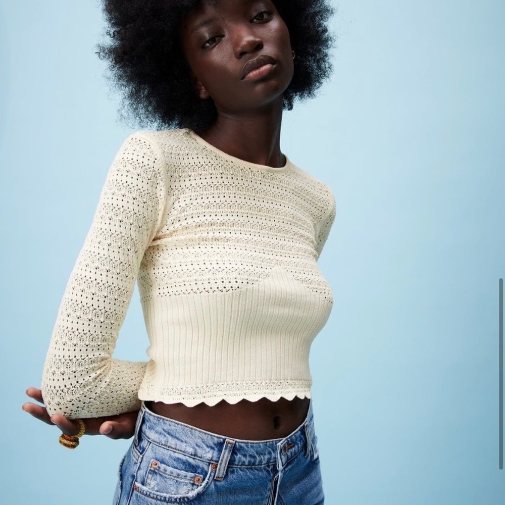 Zara | Poinetelle Cream Knit Crochet Top | Size S